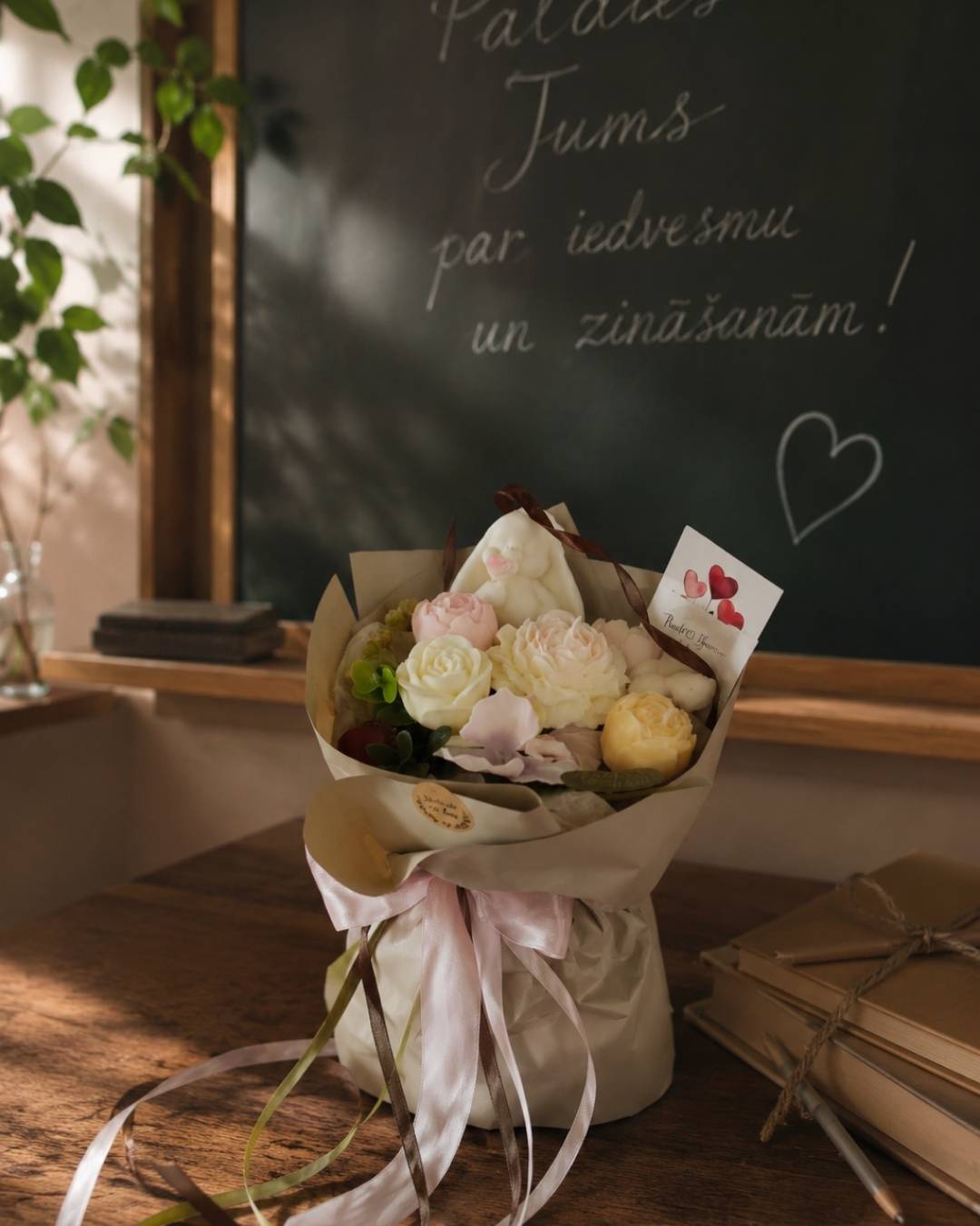 Sveču pušķis maigos krēmkrāsas un rozā toņos ar lentēm uz koka galda